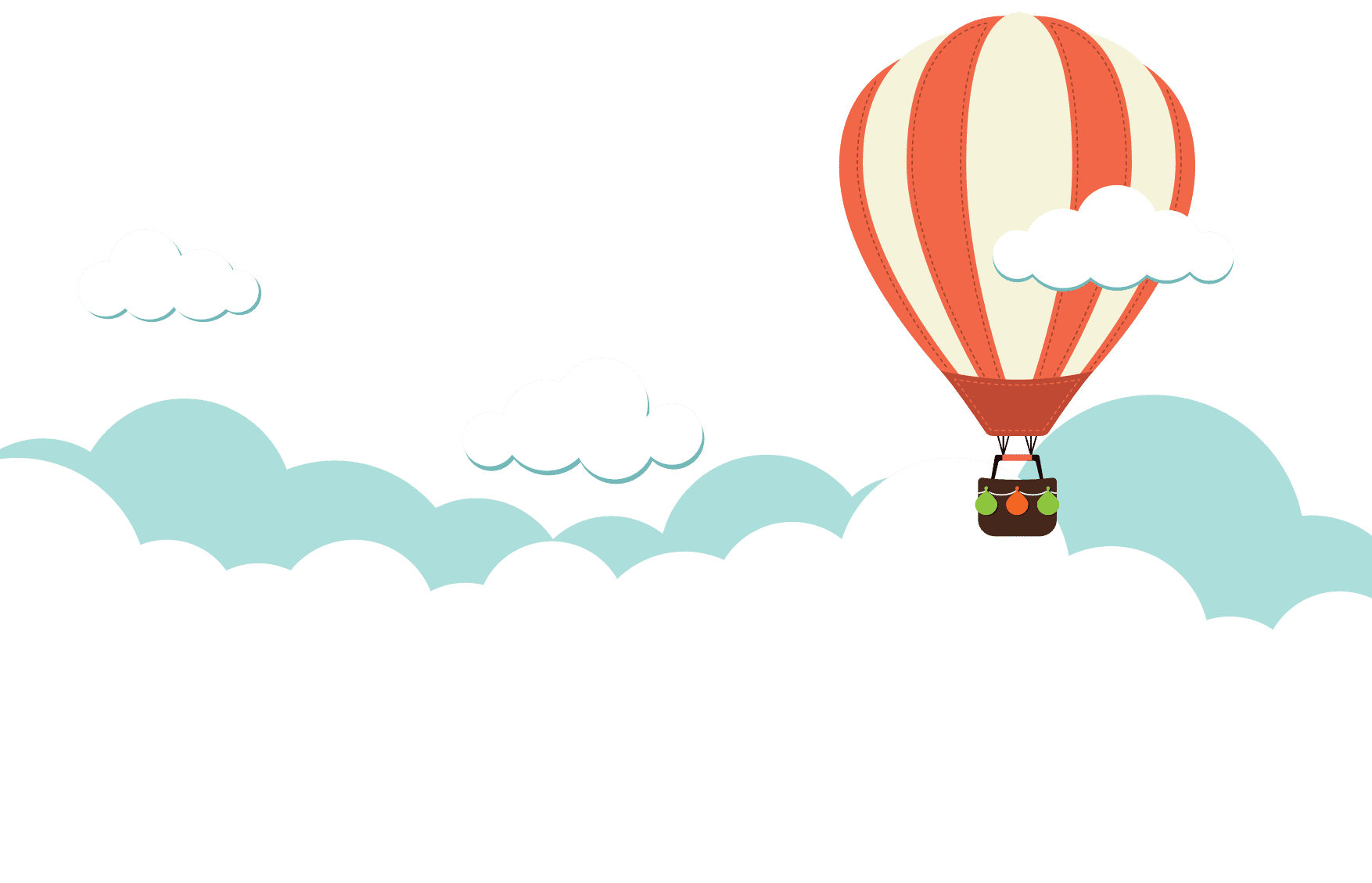 Illustration of red and white hot air ballon in blue sky and white clouds