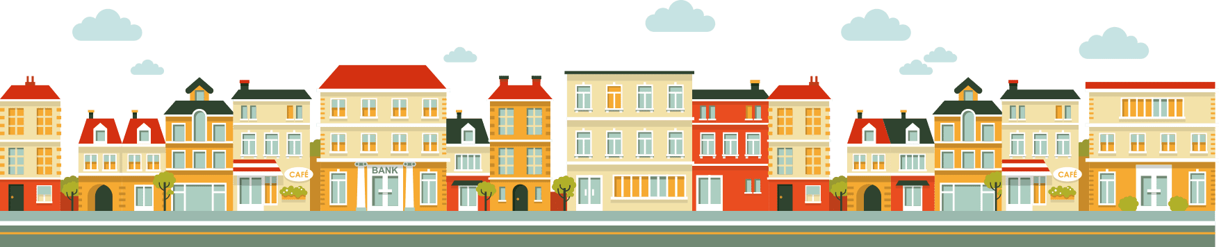 Illustration of a colourful row of business buildings